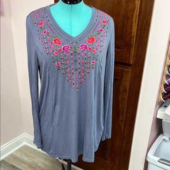 sahalie Tops - Sahalie Blue Tunic with Pink Floral Embroidery
